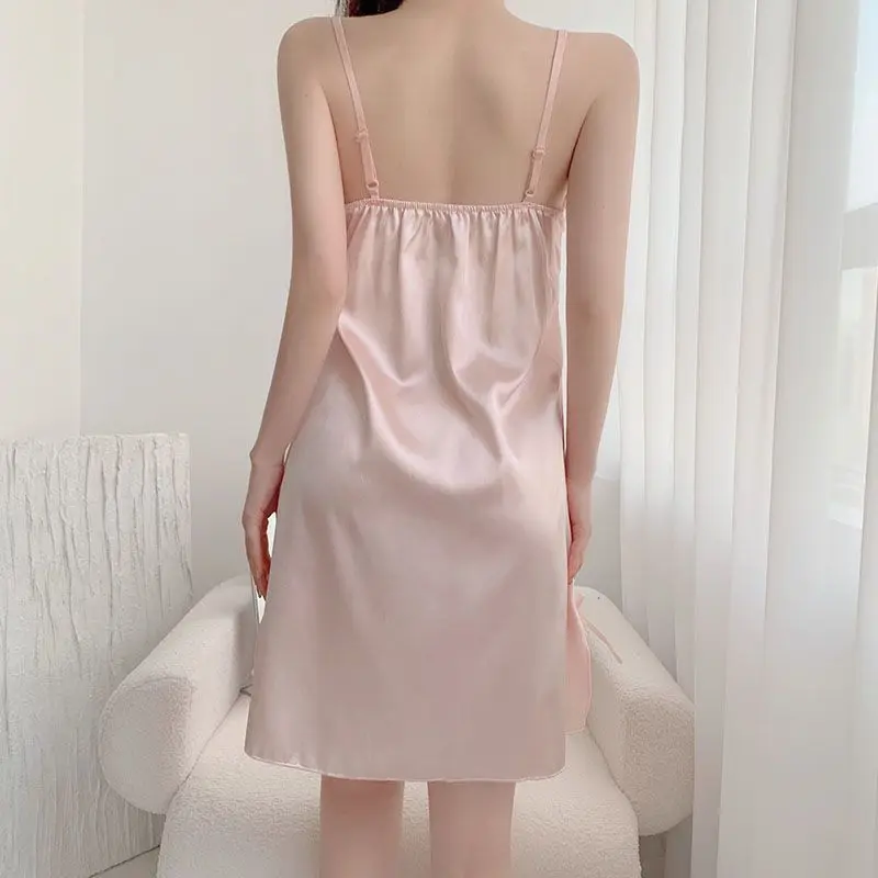 Sexy Lace Women's Nightgown Princess Style Satin Solid Bow Decor Spaghetti Strap Dress Breathable Fabric Summer Sleepdress Comfy
