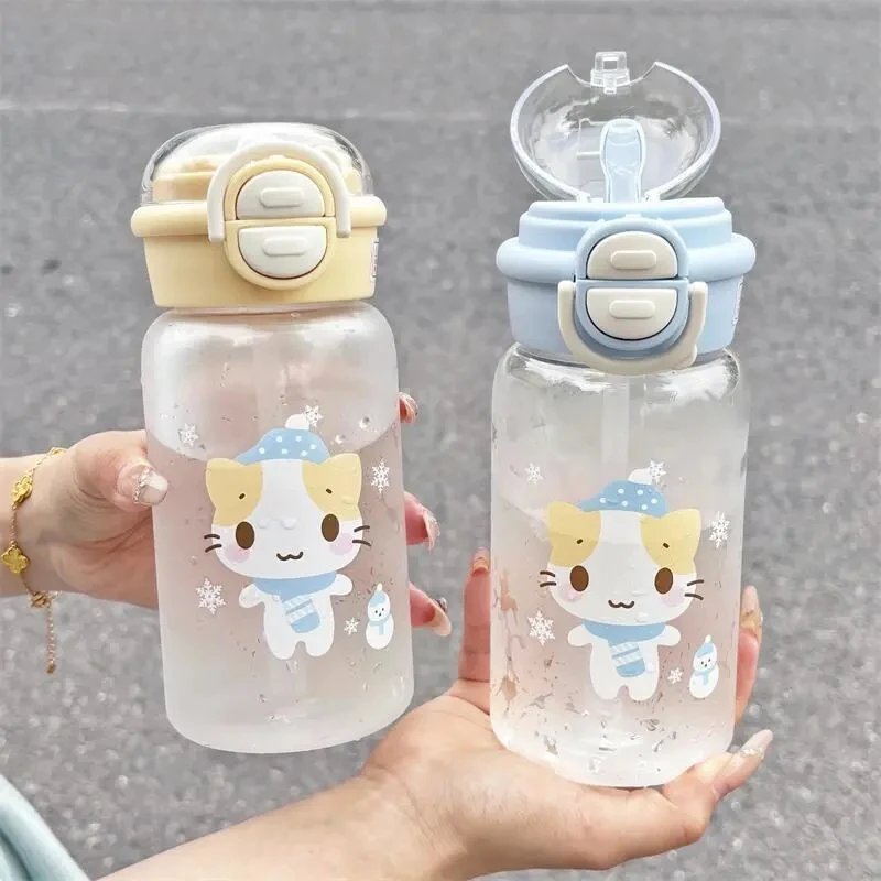 500ML Cute Cat Water Bottle With Lid Simple Straw Portable Plastic Cup For Kids Outdoor School Travel Drinking Water Bottles