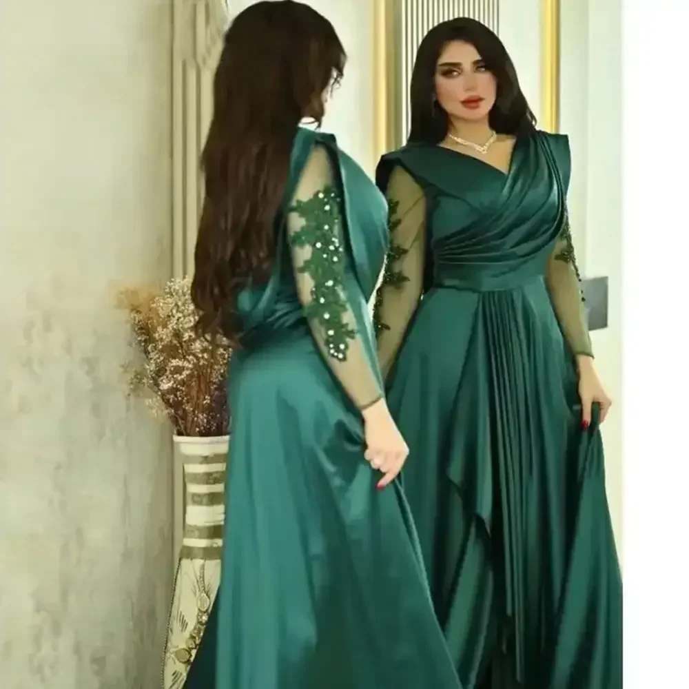 

Flavinke Muslim Evening Dresses For Women Satin Long Sleeves Beaded Moroccan Caftan Green Prom Gowns Applique Robe Vestido 2024