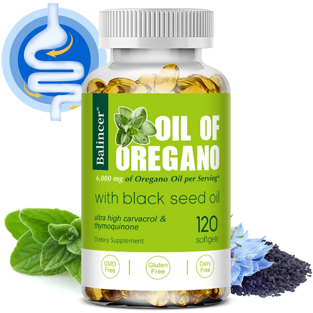 Oreganoöl-Kapseln mit Schwarzkümmelöl, Unterstützung für das Immunsystem und Antioxidantien, Verdauungsförderung, 30/60/120 Weichkapseln, Nicht-GVO