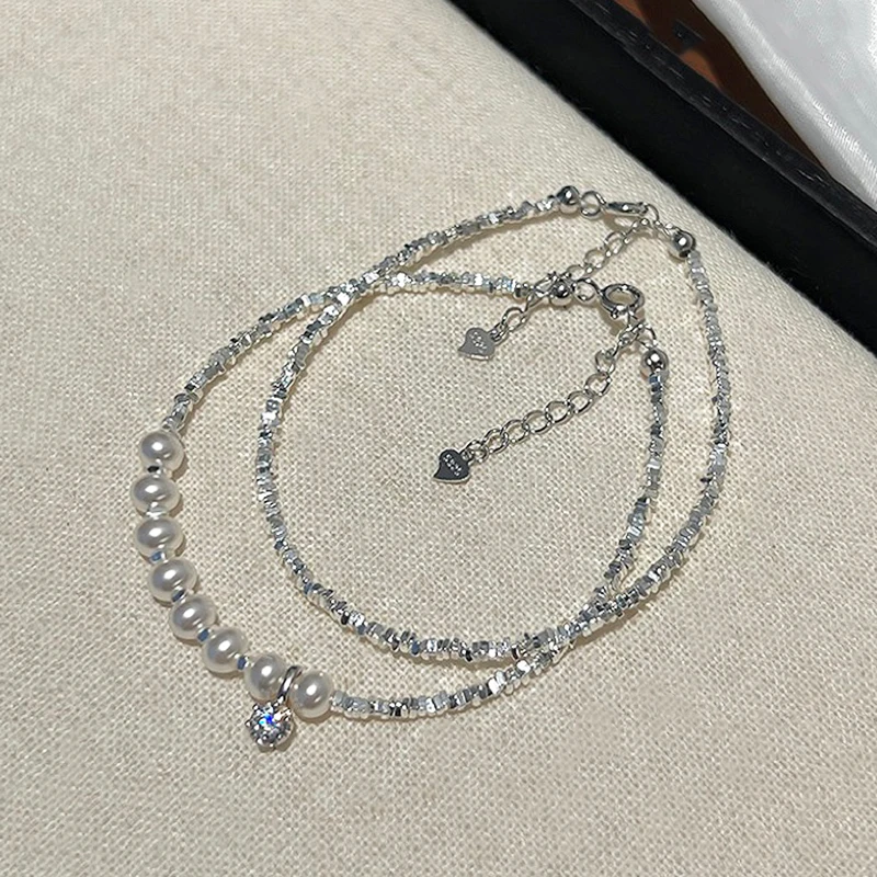 

Simple Style Sparkling Crushed Silver Double Layer Stacked Wear Bracelet with a Small Zircon and 4-5mm Natural Freshwater Pearls