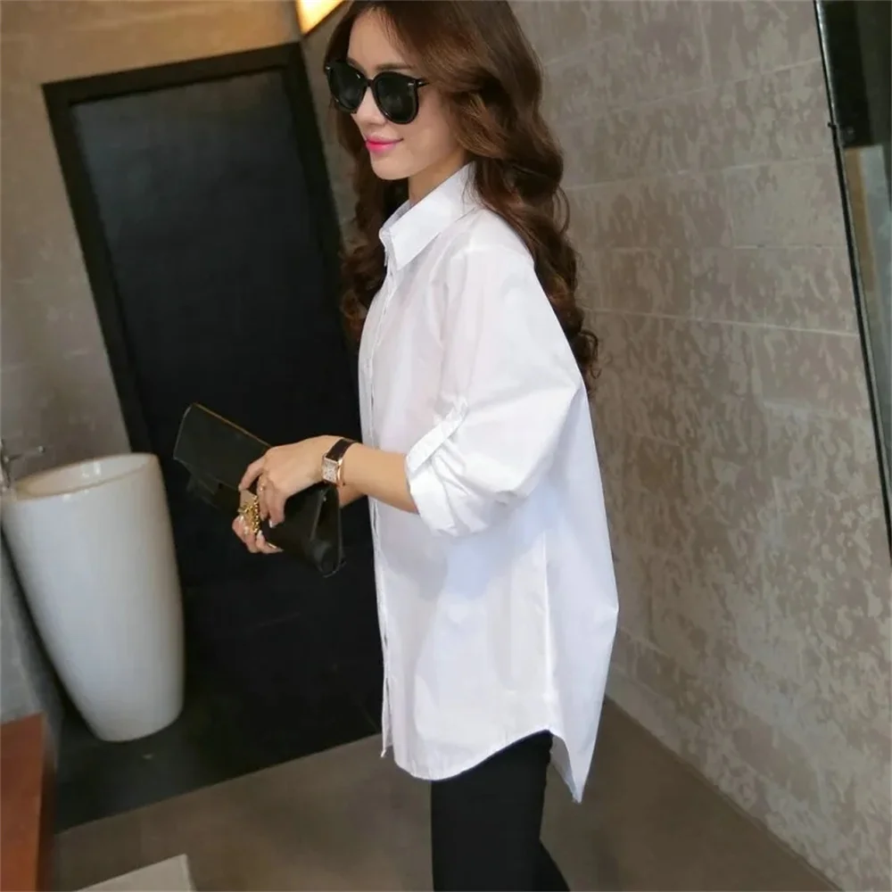 Oversized New Style Shirt Women Mid length Cotton Loose Student Korean Fashion bf Style White Shirt Long Sleeve Women Blouse Top