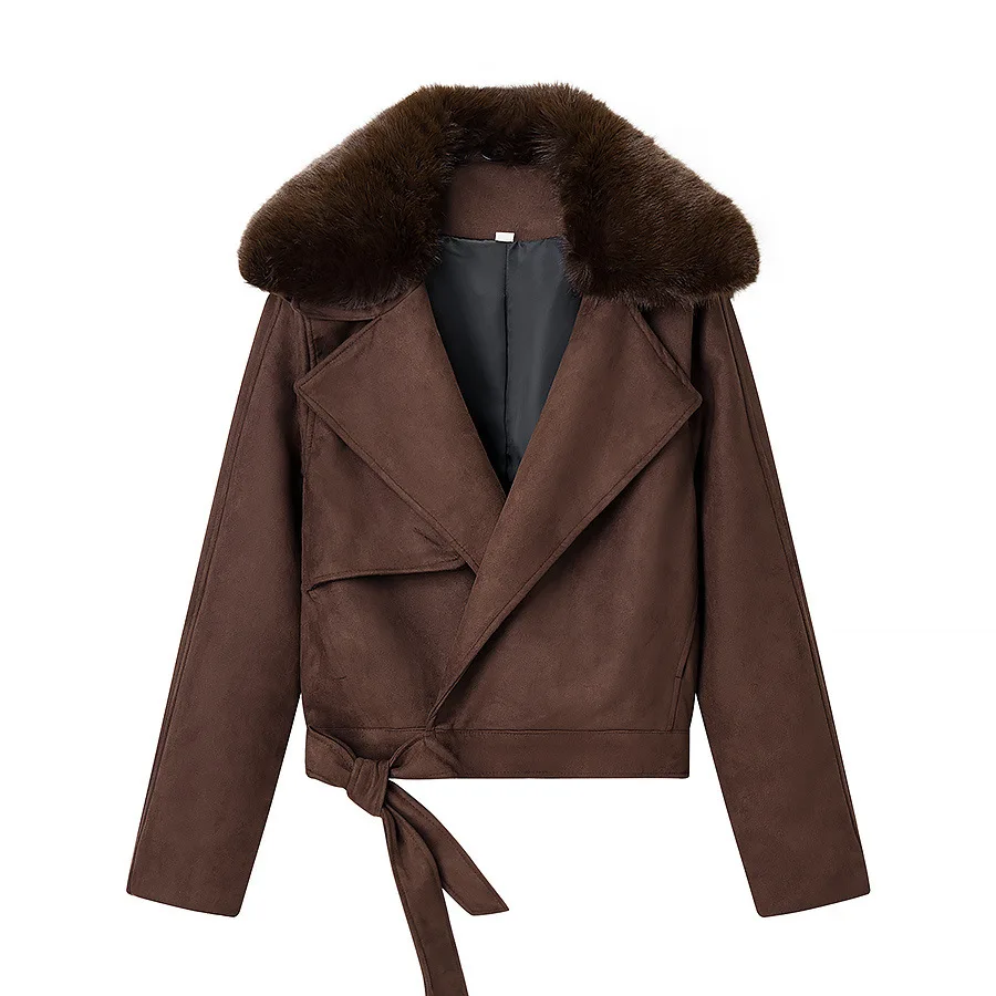 

2025 New Autumn Winter Women's Fashion Versatile Detachable Fur Collar Lace-Up Long Sleeve Jacket Coat