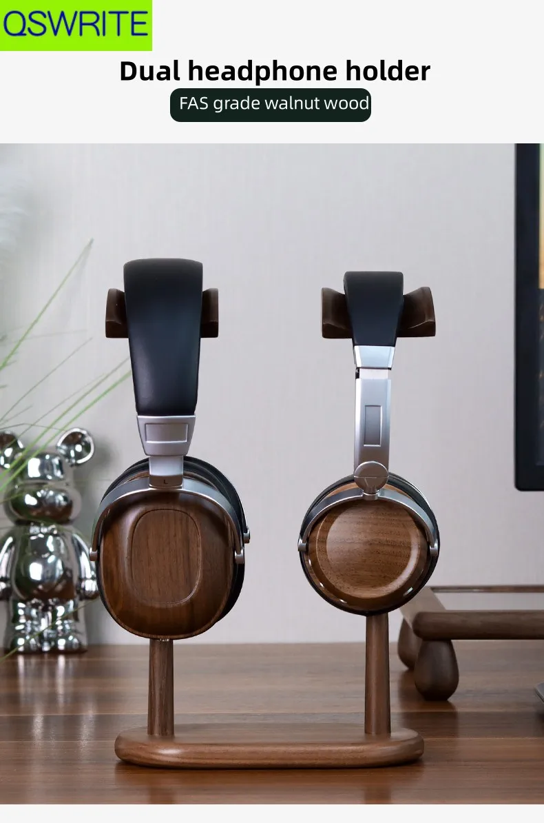 QSWRITE soporte doble para auriculares de madera de nogal, dos colgadores para auriculares, soporte minimalista, almacenamiento de control de auriculares, estante de madera maciza