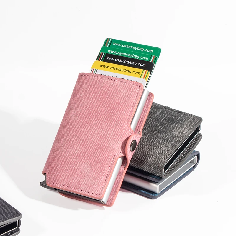 Casekey Male Wallet Fashion Denim Leather Pop Up Card Holder Anti-theft Aluminum Metal Smart Wallet Mini Purse Money Bag for Men