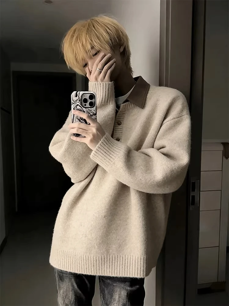 

Men's Knitwear Soft Comfortable Polyester Fiber Winter Long Sve Casual Sle CleanFit Outerwear Fake Two-Piece Design