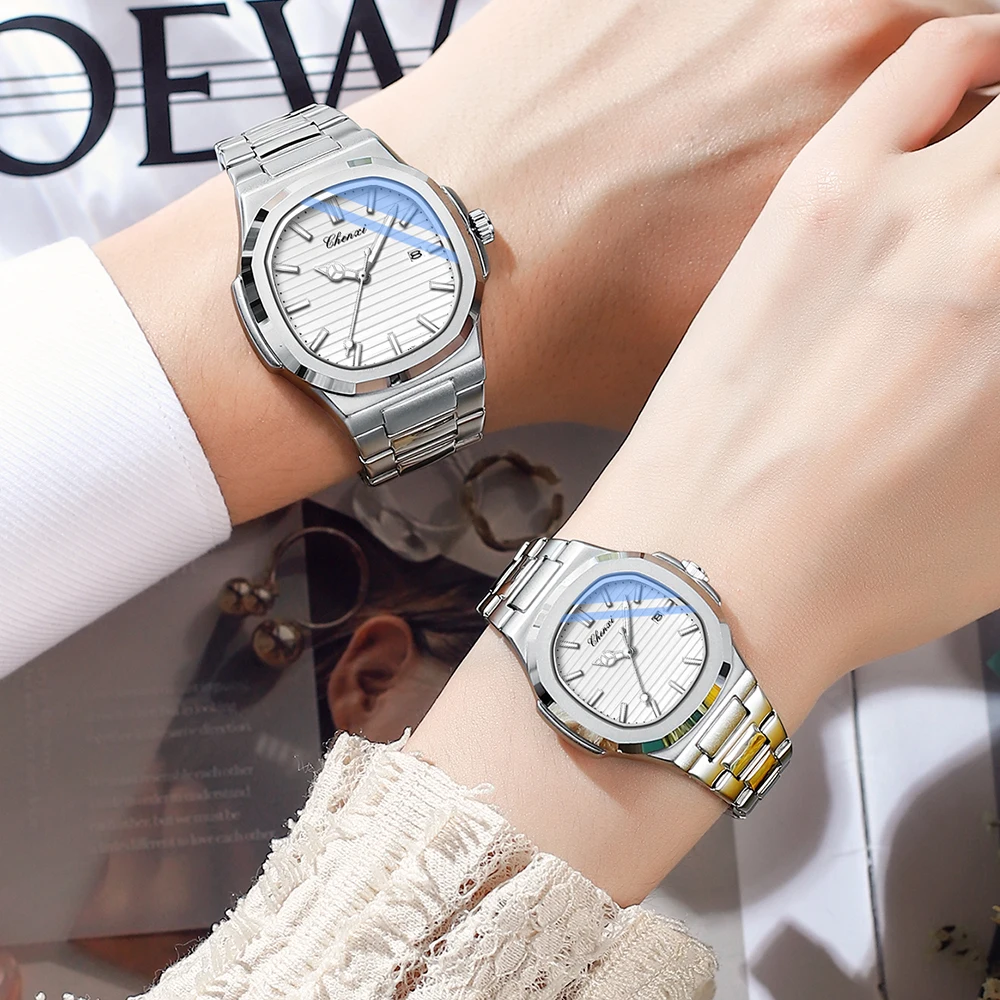 CHENXI Fashion Couples Watches Waterproof Silver Quartz Lover Wristwatches Set Calendar Luminous Couple Watch for Men Women