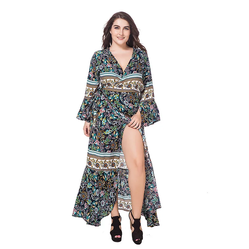 

Women's bohemian ruffle edge dress plus plus size human cotton printed long dress dress high-end temperament elegant classic wom