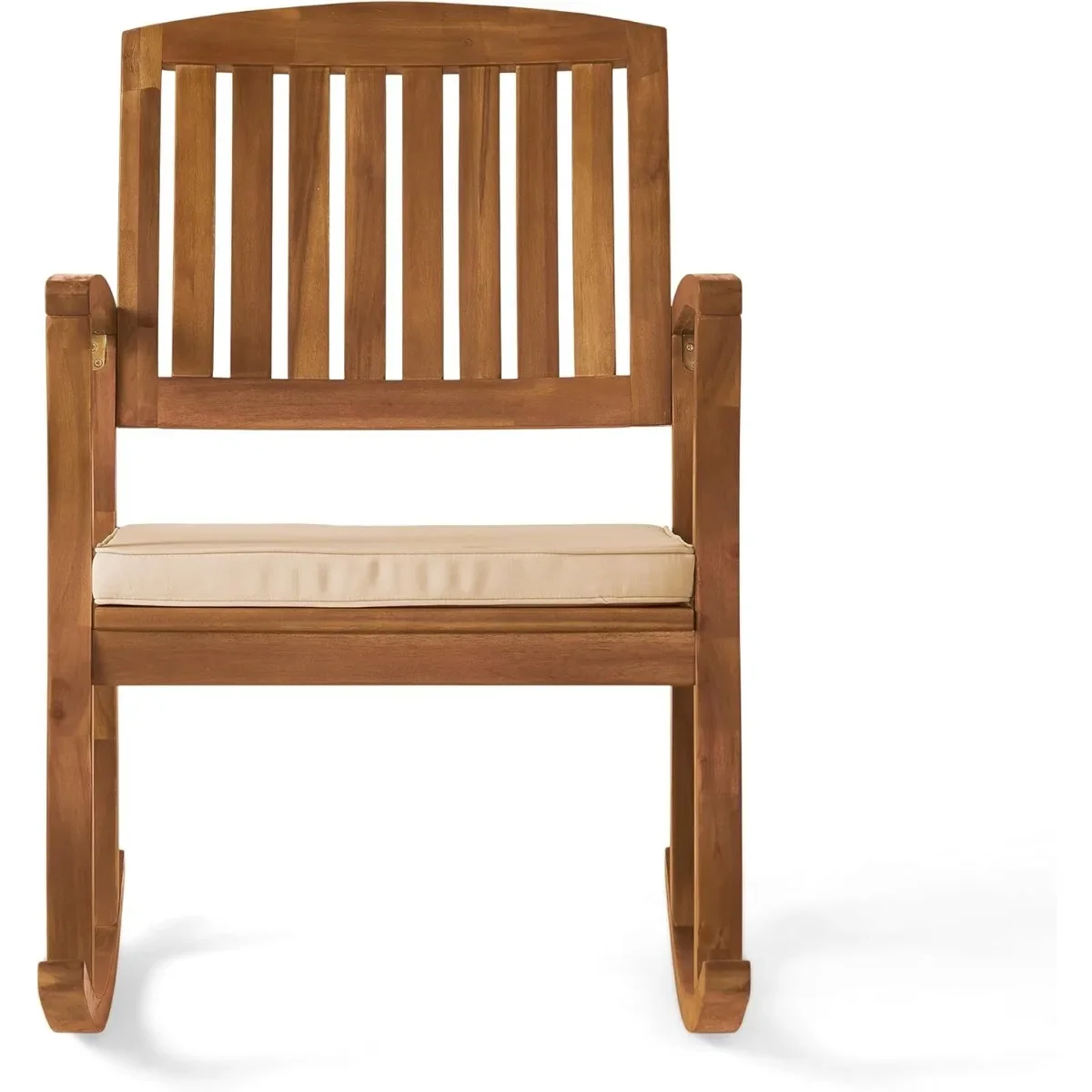 Cadeira de balanço em madeira de acácia com almofada, acabamento em teca para varanda e jardim relaxante