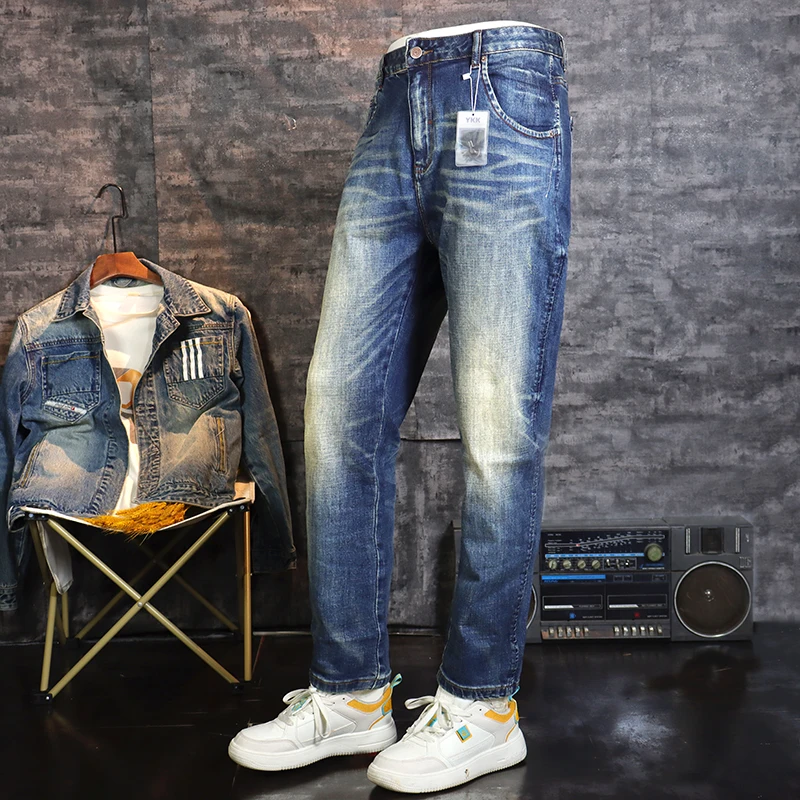 Italian style high-quality fashionable men's jeans retro blue stretch slim fit slit jeans men's pants retro designer pants Hombr