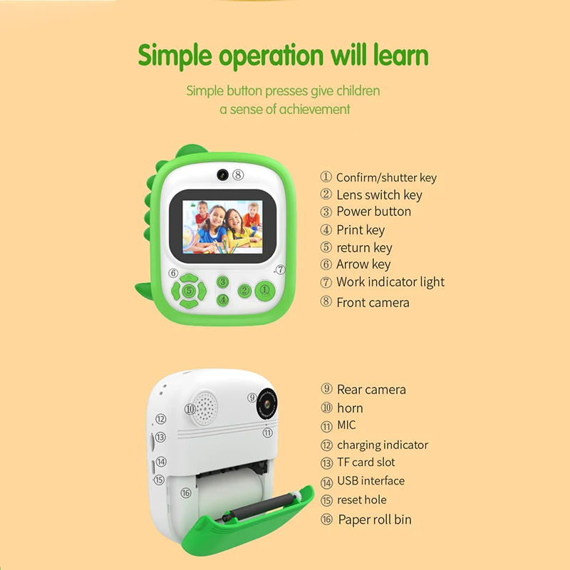 New Arrival P3 Dinosaur Silicone Protective Cover 1080P Digital Selfie Camera 2.4-inch screen Instant Print Kids Camera