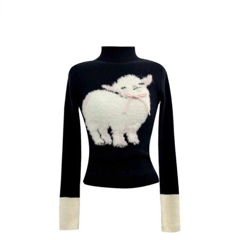 

Winter Fluffy Patchwork Sheep Casual Women Sweaters Half High Collar Pullovers Sweet Long Sleeve Y2k Jumpers