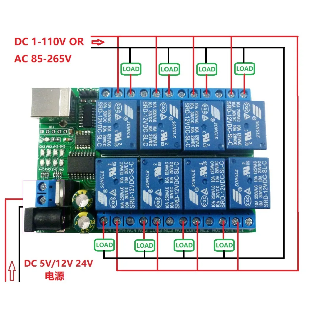 2 in 1 DC 5V 12V 24V 8CH USB Serial Port Relay Module UART RS232 TTL Multifunction Switch Board CH340 for Motor LED PTZ PLC IPC