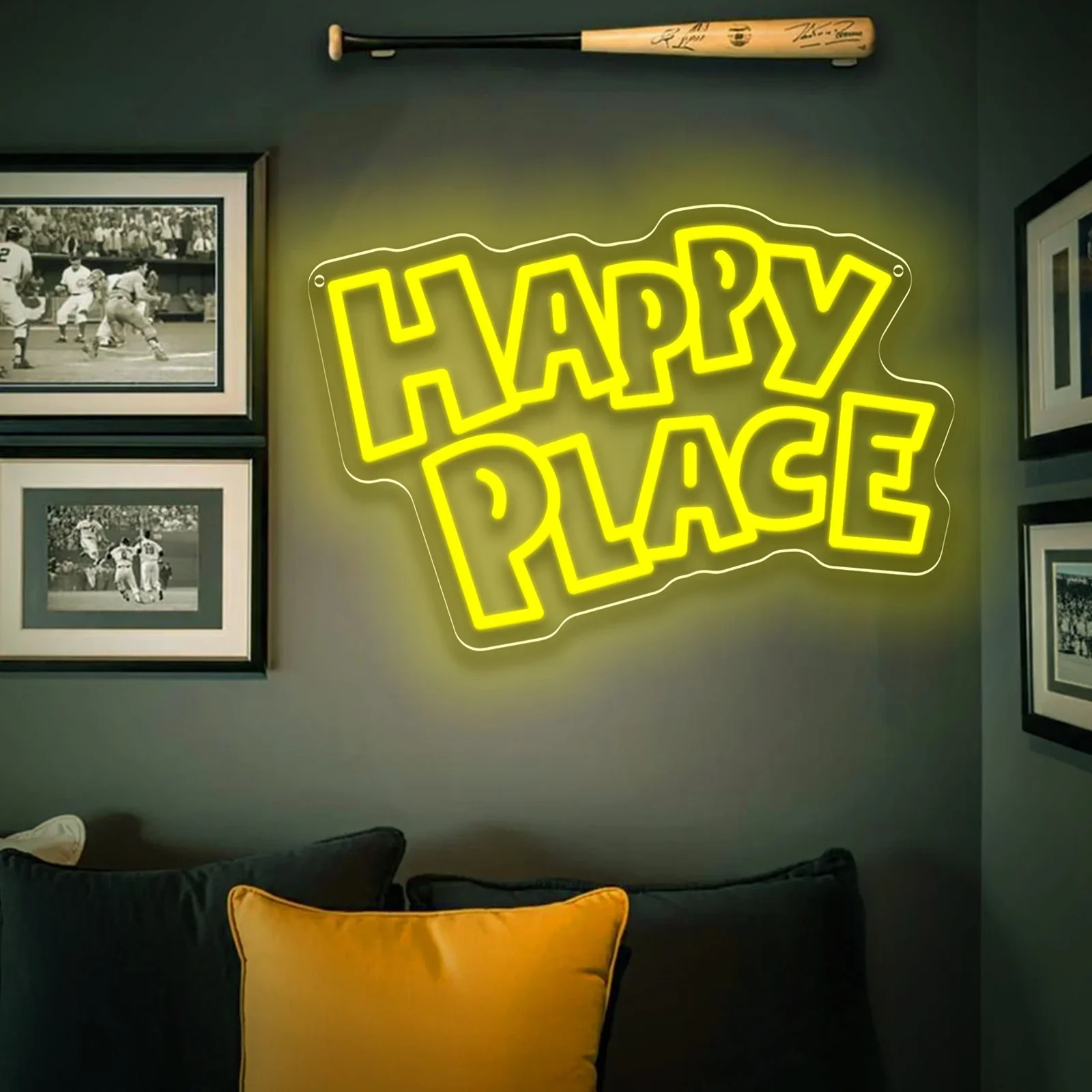 HAPPY PLACE Insegna al neon USB dimmerabile LED Insegna al neon per camera da letto Soggiorno Club Bar Man Cave Regali per feste Decorazione da parete