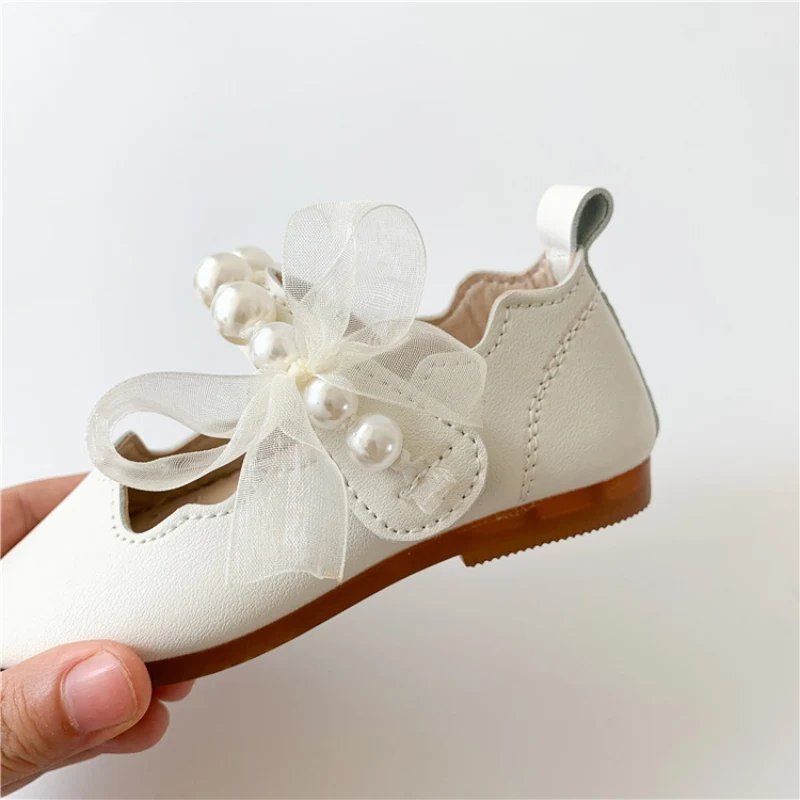 Children Girls Shoes Pure Color Pearl Gauze Bow Shoes Soft Soles Princess Shoes Girls Autumn Leather Flat Shoes