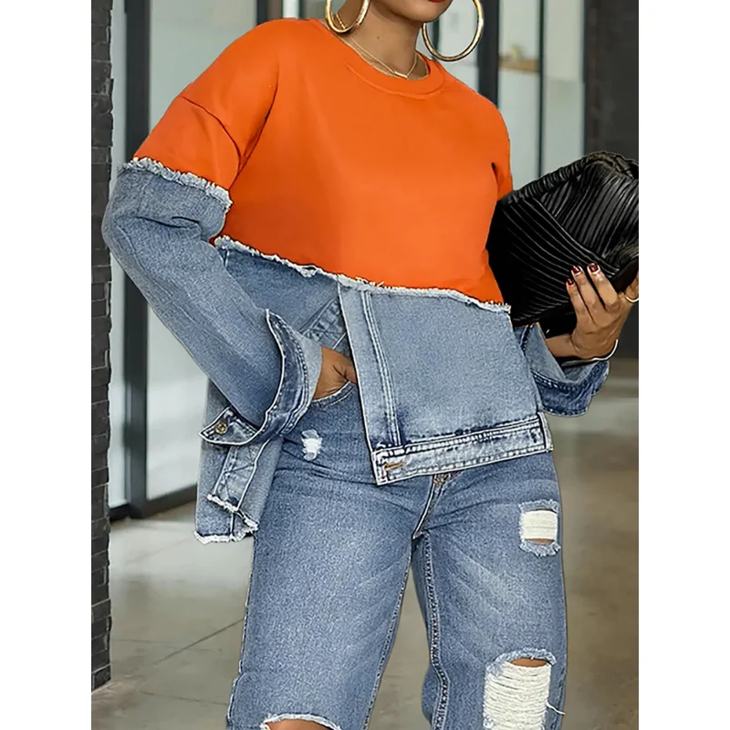 2026 ربيع الخريف المرقعة الدنيم البلوز القمم موضة كم طويل س الرقبة الشارع الشهير بلوزات المرأة بلوزة أنيقة سيدة