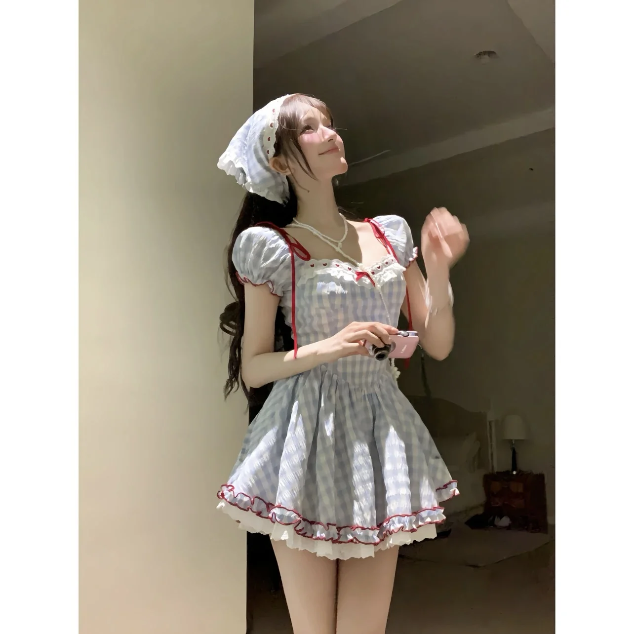 Japanese Kawaii Sweet Short Party Dress Women Sleeve Y2k Vintage Plaid Mini Dress Female Elegant Chic Lolita Clothing Outfits