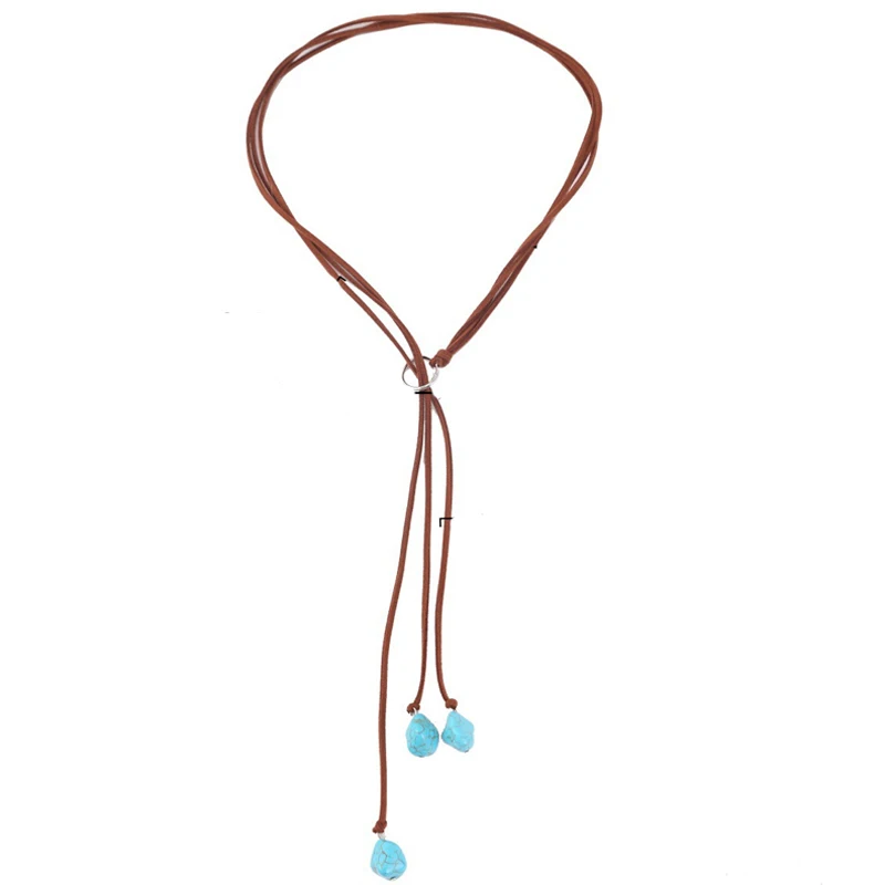 Bohemian Synthetic Turquoise Necklace Long Chain Tassels Necklace Handmade Vintage Y-shaped Jewelry Brown Wrap Velvet Choker