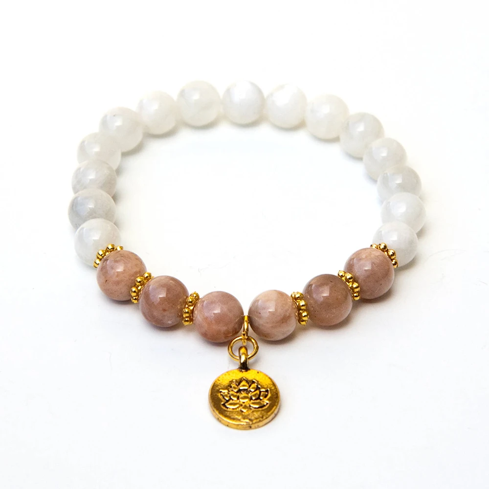 

MG0652 AA Grade Moonstone Sunstone Bracelet Natural Gemstone Chakra Lotus Charm Yoga Bracelet New Design Balance Mala Bracelet