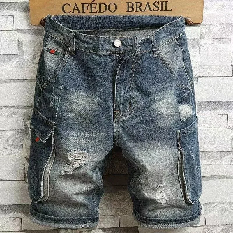 Male Denim Shorts Straight with Pockets Men's Short Jeans Pants Cargo Distressed Vintage Blue Cut Summer Original Buttons New In