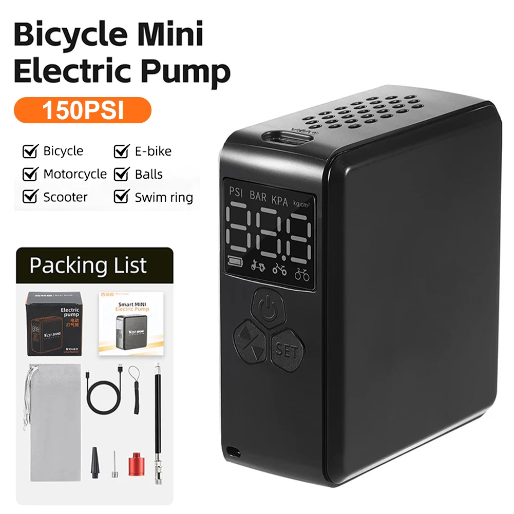 

Mini Bike Pump with Gauge LCD Display 150PSI Portable Bicycle Tire Inflator Air Compressor with Presta and Schrader Rechargeable