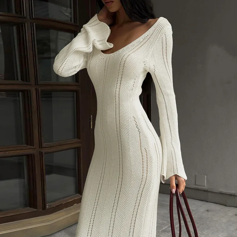 White Crochet Hook Long Knit Dress For Women Wedding Guest Dresses Beach Outfits 2024 Banquet Evening Dresses