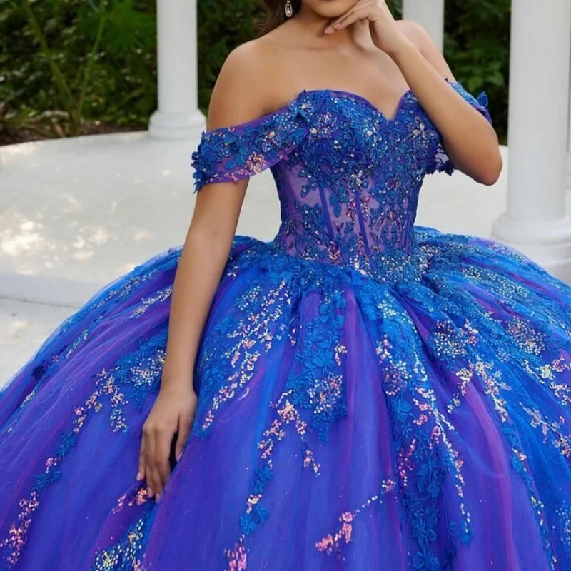 Royal Blue Quinceanera Dress For Sweet 16 Sequined Applique Lace Beaded Tull Graduatin Party Prom Dress vestidos de 15 años