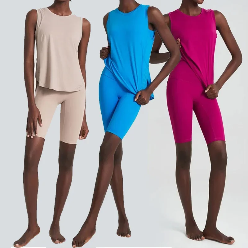 

2 Pieces Yoga Set Women Summer Gym Suit Solid Color Soft Fabric Female Breathable Quick Dry Workout Running Sportswear 2355