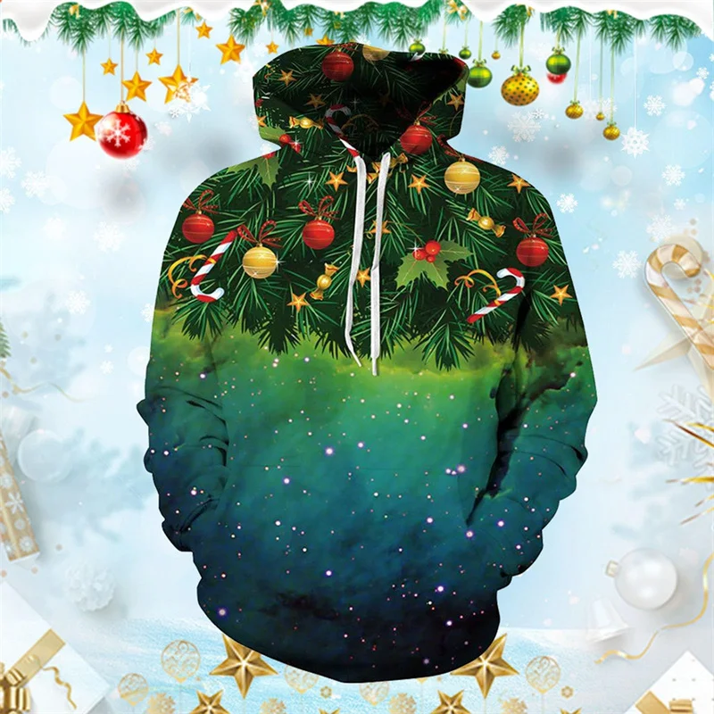

Christmas Tree Snowflake Pattern Hoodie For Men Santa Claus 3D Printed Long Sleeve Casual Pullover Tops Hoodies Loose Sweatshirt