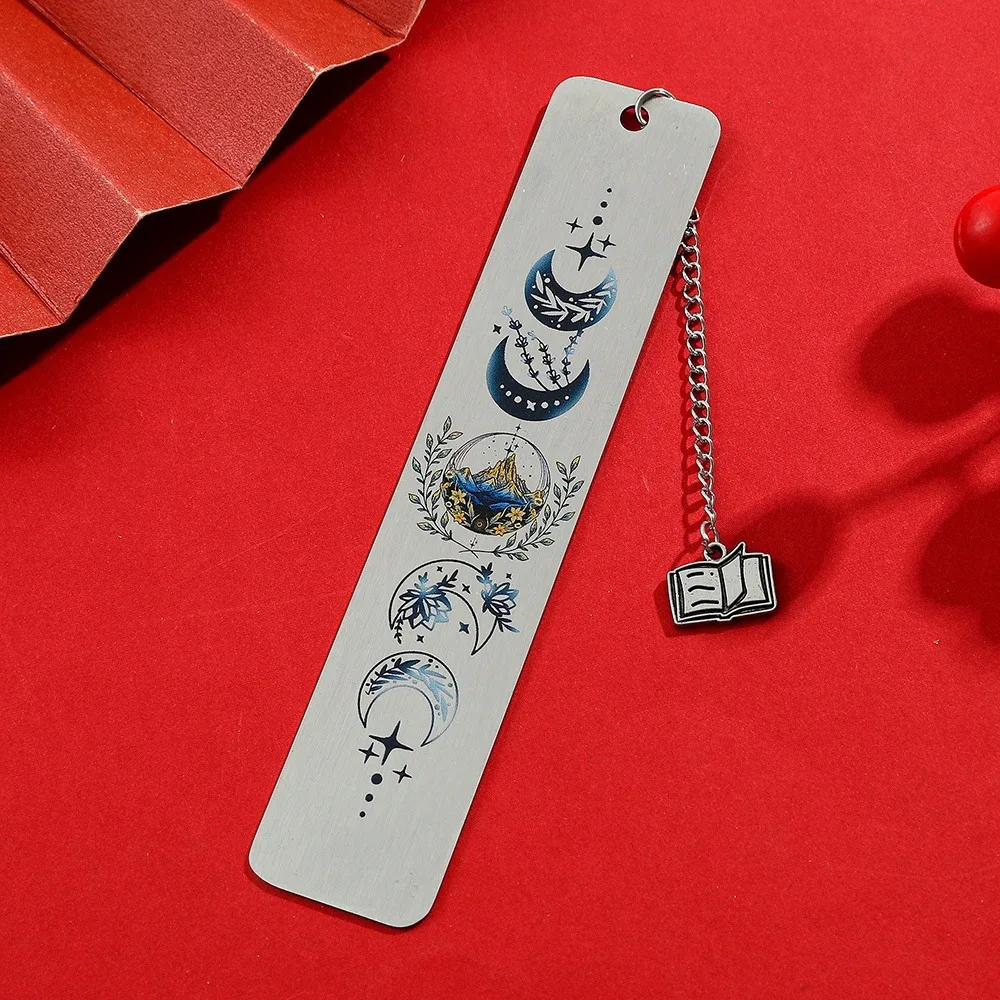 Mountain Moon-themed inspirational stainless steel metal bookmark, featuring a vintage star and moon design paired with motivational quotes, specially made as a literary gift for book lovers and readers.