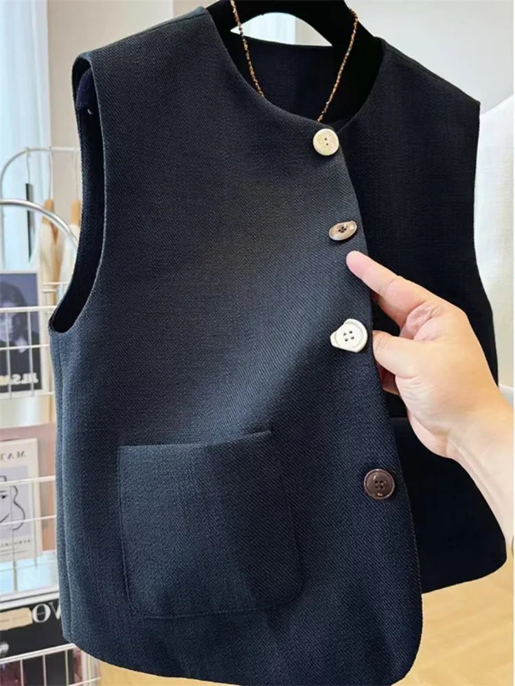 French Style Elegant Korean Casual Sleeveless Vest Top Elegant O Neck Vest Coat Women's Waistcoat Black White Vest