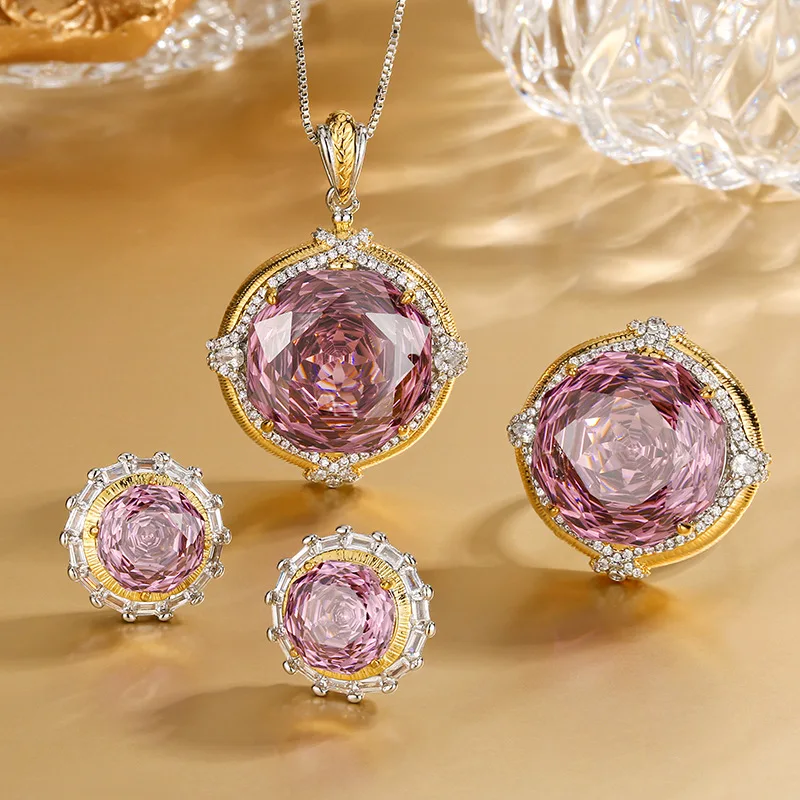 

Vintage Luxury Pink Cubic Zirconia Jewelry Round Cut Crystal Earrings Adjustable Ring Pendant Necklace for Women Wedding Party
