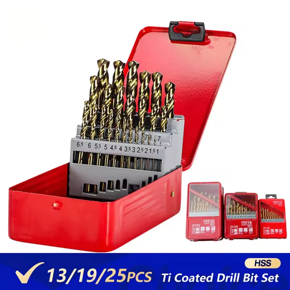 

13pc/19pcs/25pcs 1.0-13mm Round Shank Twist Drill Bit Set Titanium Coated Hole Cutter High Speed Steel Drill Bit Woodworking