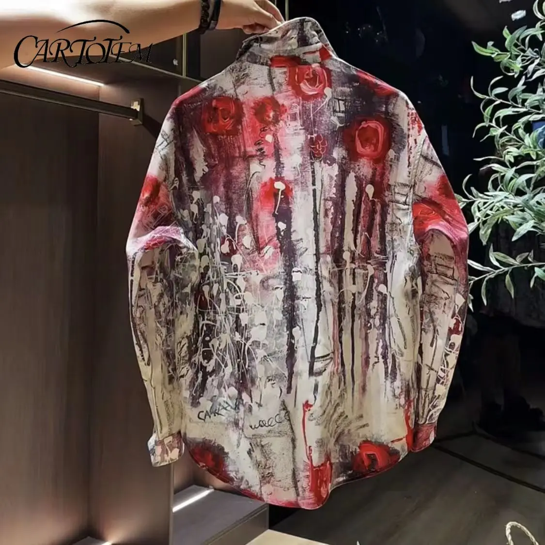 

Casual Red Rose Flame Print Long Sleeve Shirt Men's Autumn and Winter Fashion Trendy Shirt Jacket