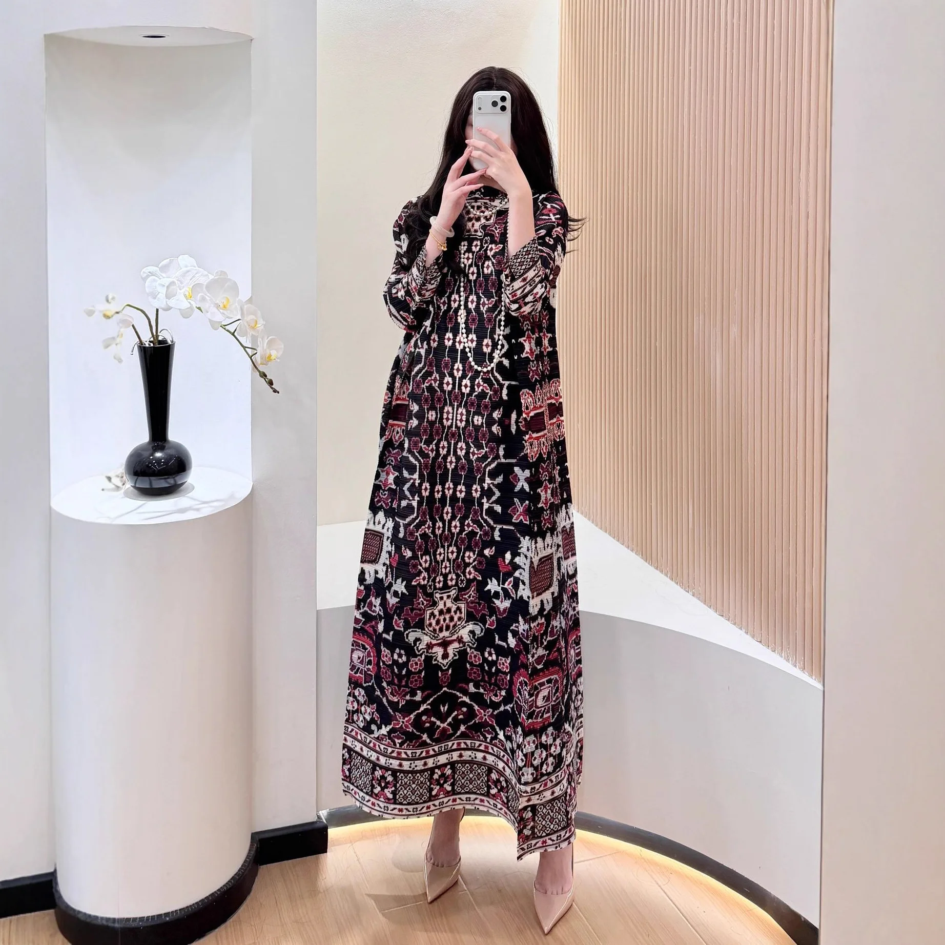 KAF Ethno-Druck-Maxikleid, Vintage-inspiriertes Langarm-Boho-Kleid für Damen, perfekte böhmische Freizeitstile, grenzüberschreitende Mode