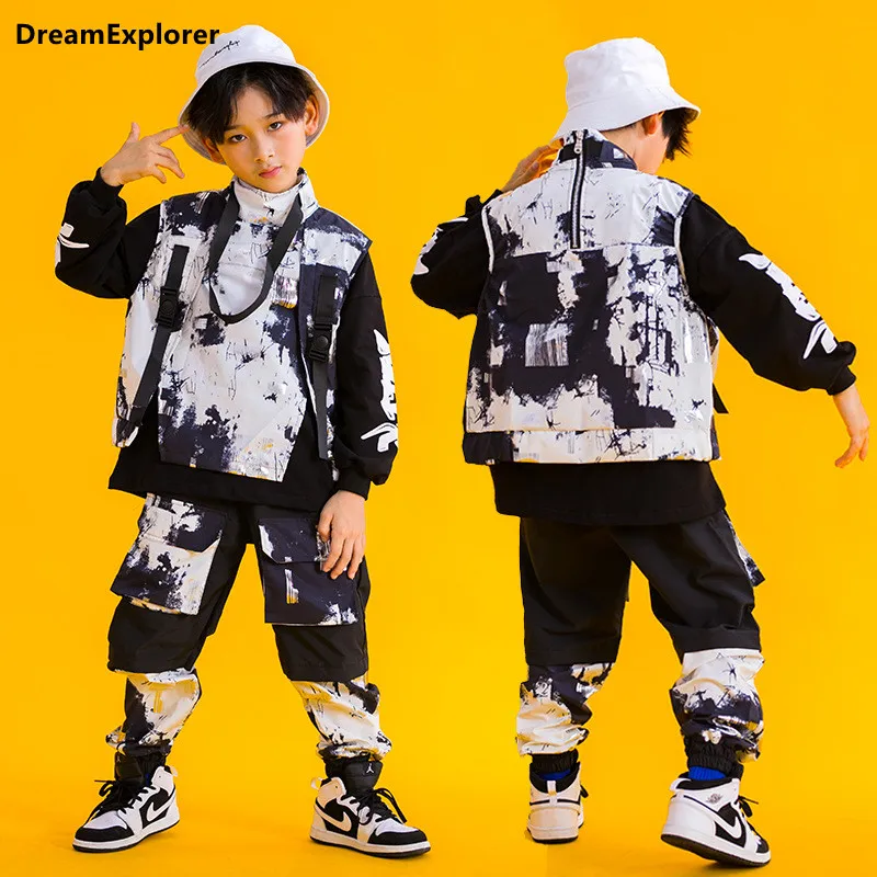 Boy Hip Hop Ink Wash Printed Vest Cargo Pants Kids Joggers Street Dance Girls Clothes Sets Child Jazz Costumes Streetwear Outfit