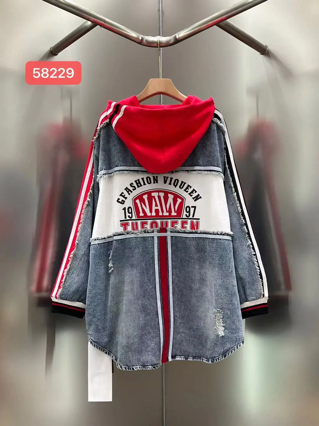 2025 Autumn Ne Denim Jacket Women Fashion Unique Color Blocking Hooded Coats Letter Print Striped Mid-Length Jacket Street Style