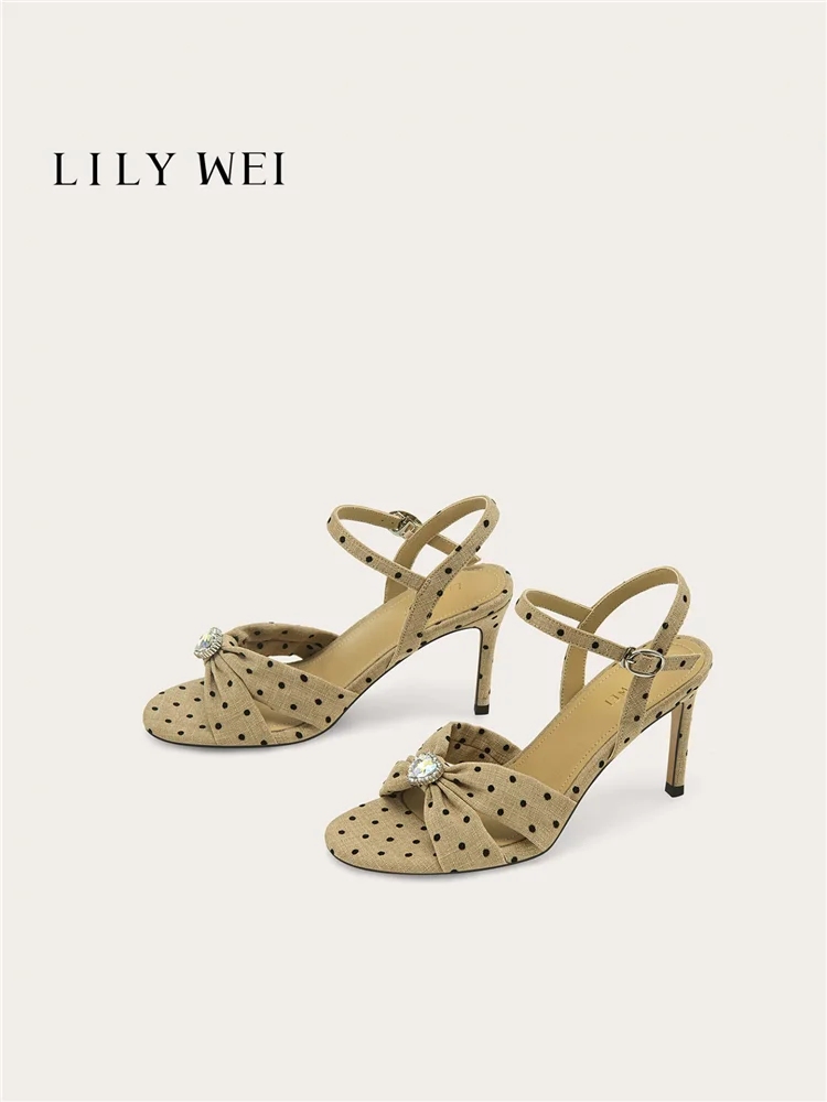 Summer new retro polka dot rhinestone fabric cross strap sandals dress large size small size slim heel high-heeled women's shoes
