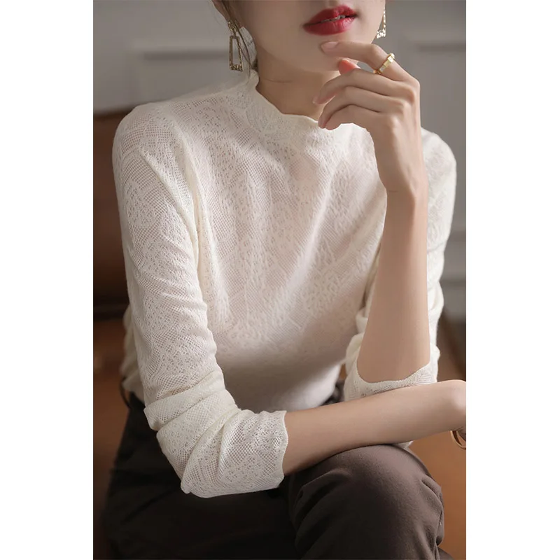 

Элегантный вязаный топ с длинными рукавами, кружевными цветочными вставками и ажурным узором, базовая рубашка для осенне-зимнего сезона, модный люксовый стиль
