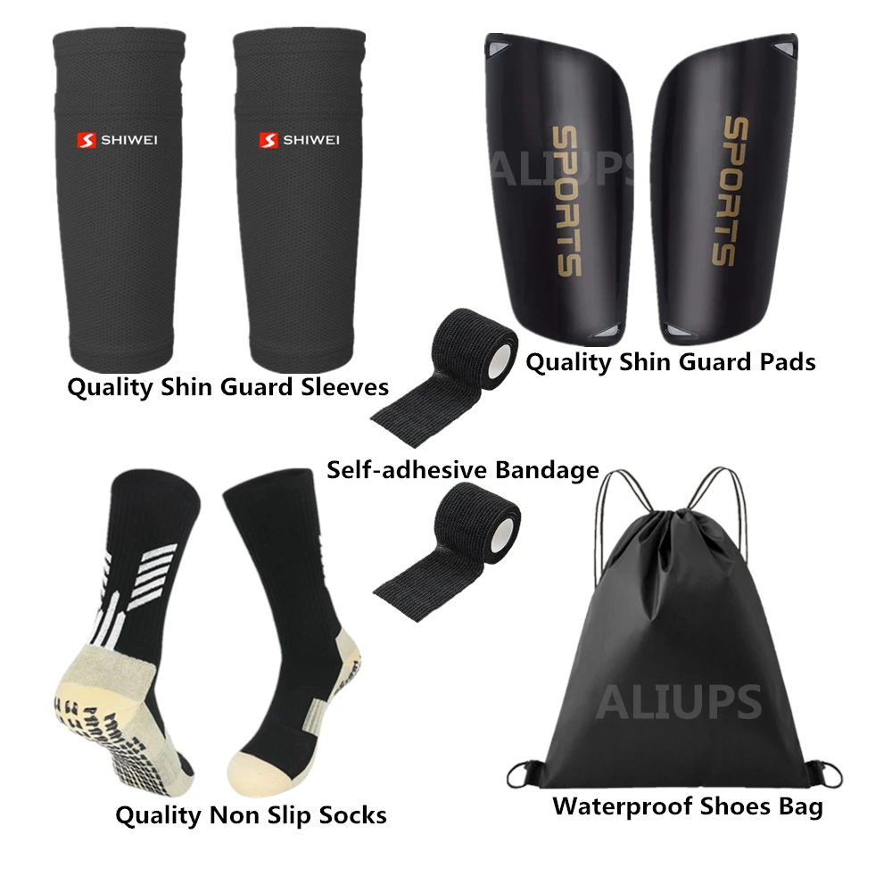 6PCS Set Football Equipment Adults Kids Soccer Shin Guards Pads Shin Guard Sleeves Non Slip Soccer Sock Shoes Bag Bandage