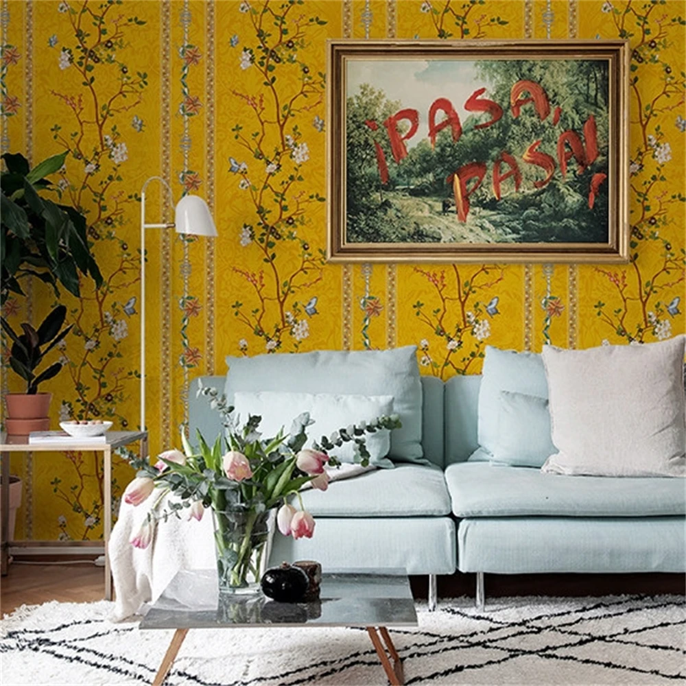 Custom American striped wallpapers for living room European light luxury retro floral wallpaper bedroom yellow mural background