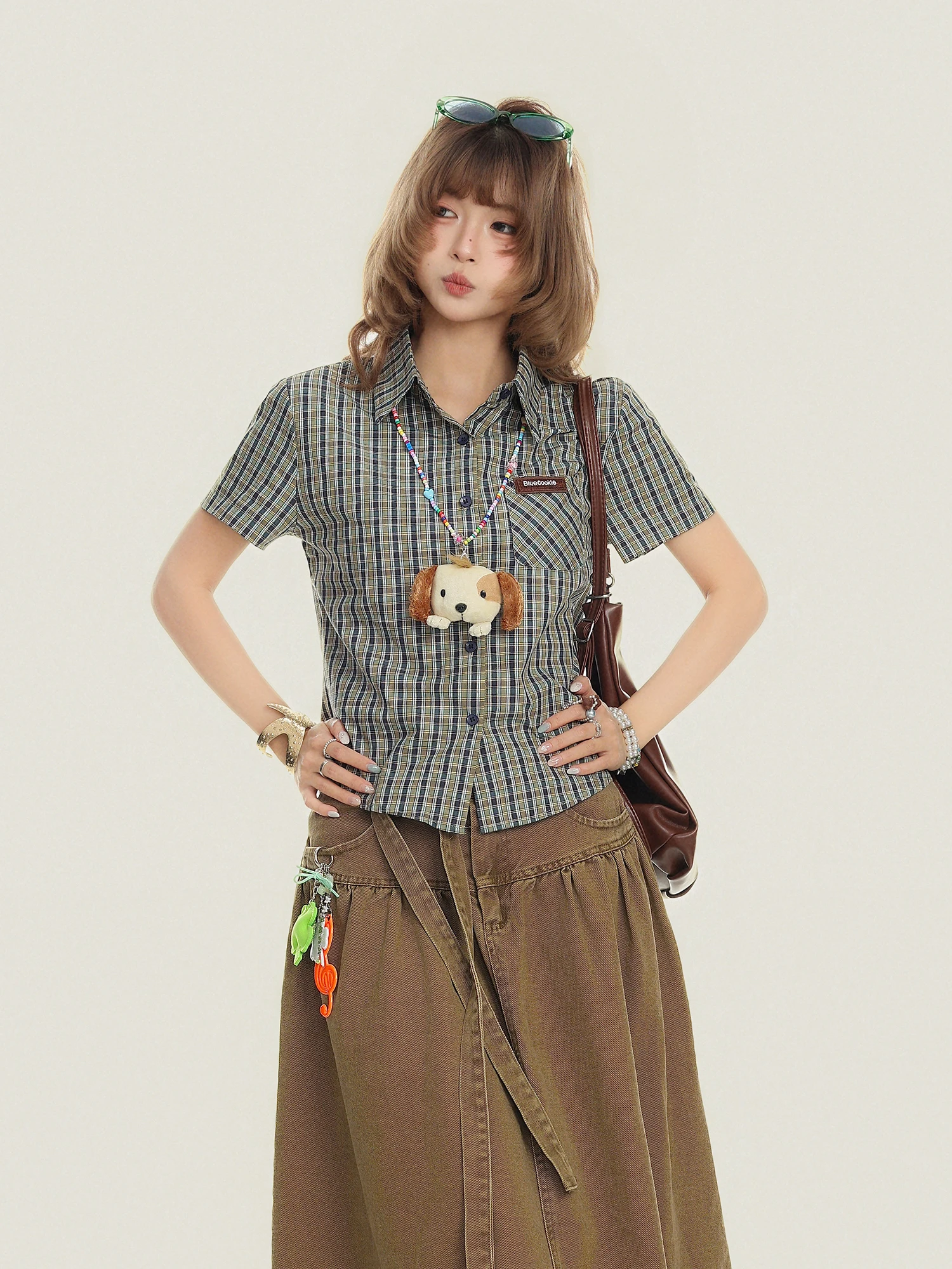 

New Arrival Women's Vintage Plaid Short Sleeve Shirt Slim Fit Casual Style Summer Top Versatile Fashionable Straight Cut