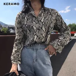 Retro Snake Printting Turn-down Collar Loose Fit Blouses 2024 Autumn Women's American Casual Long Sleeve Baggy Shirts Top