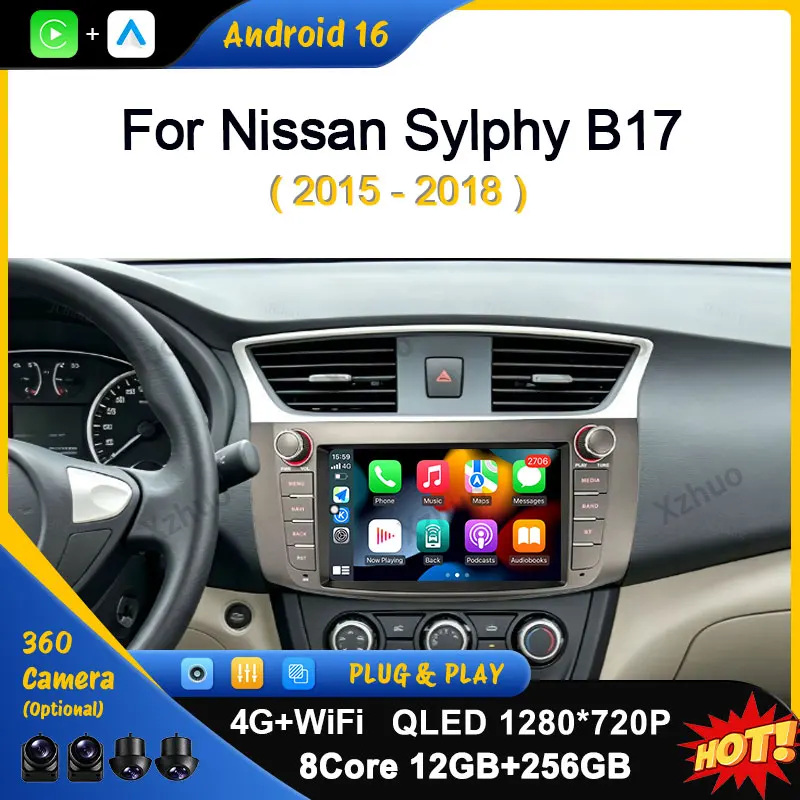 For Nissan Sylphy B17 2015-2018 Car Multimedia Player GPS Navigation Android Auto Wireless CarPlay 4G Auto Tools Head Unit QLED
