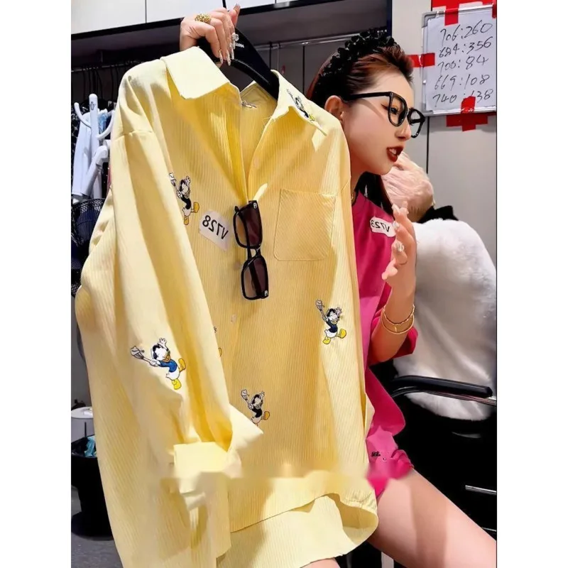 

Disney Donald Duck Cartoon Polo Collar Striped Shirt Women's Summer Casual Loose Top Korean Version Simple Versatile New Blouse
