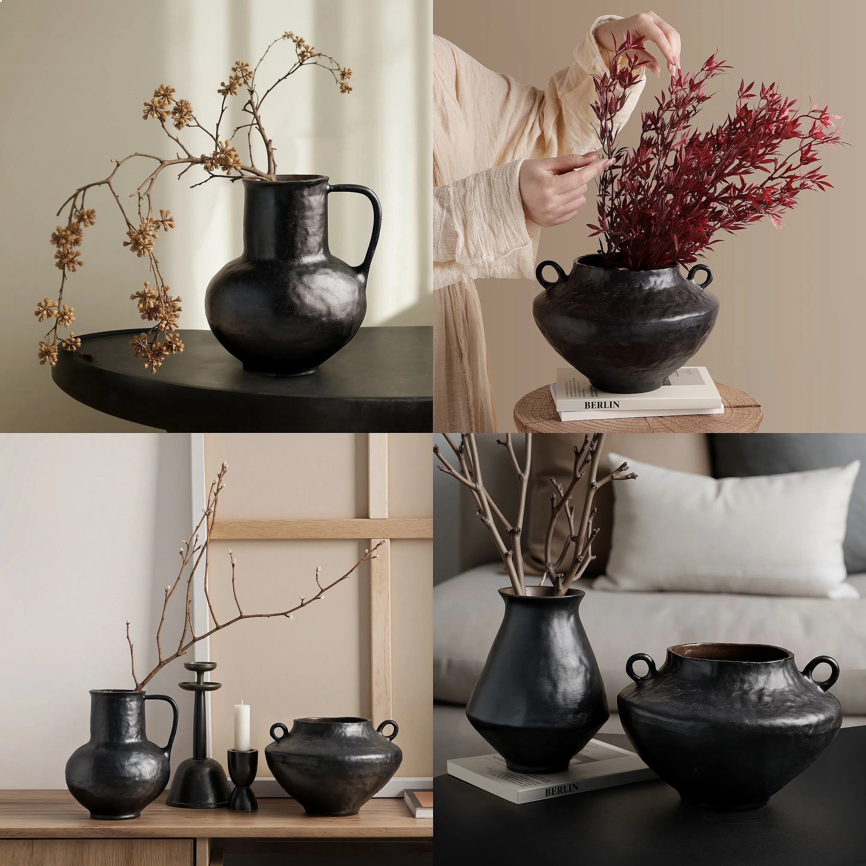 Elegant Retro Black Ceramic Vase Creative Irregular Shape for Living Room Bedroom Study Flower Vase