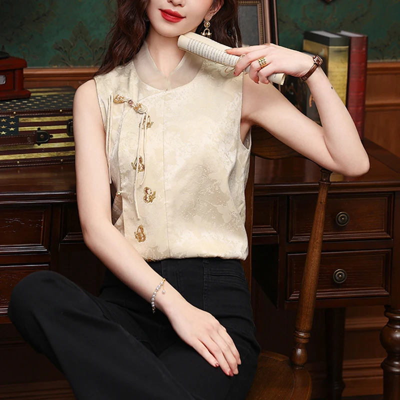 Women Vintage Chinese Style Stand Collar Elegant Shirt 2024 Summer Satin Jacquard Sleeveless Blouse Casual Slim Chic Tops Blusas