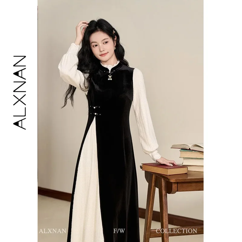 

ALXNAN Women's Dress New Chinese Style Fake Two-piece Black Patchwork Long Dresses 2025 Autumn Elegant Female Clothing L51025
