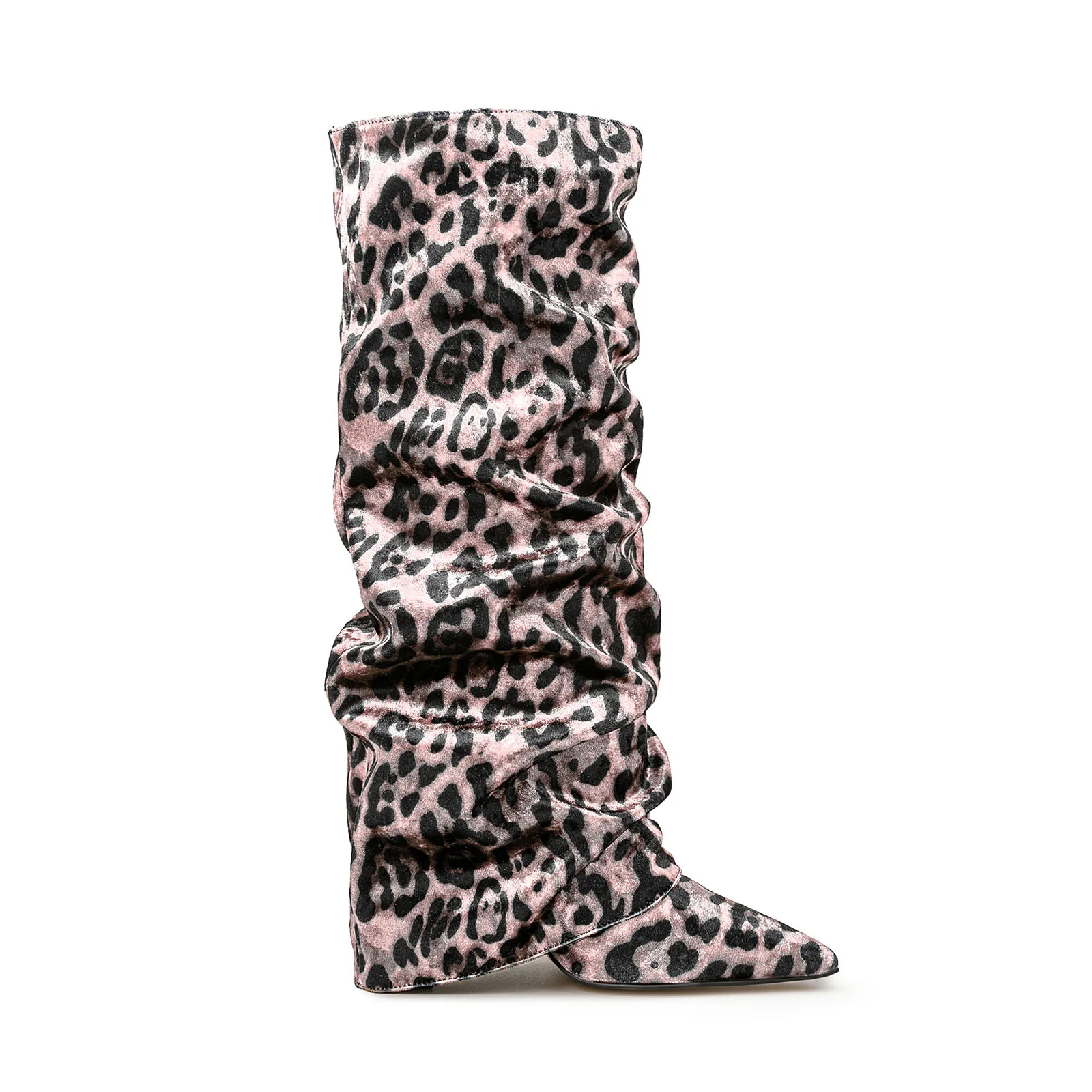 Arden Furtado Winter leopard print Suede Pleated Turned-over Edge Modern boots Pointed Slip-on Super high heel Knee high boots