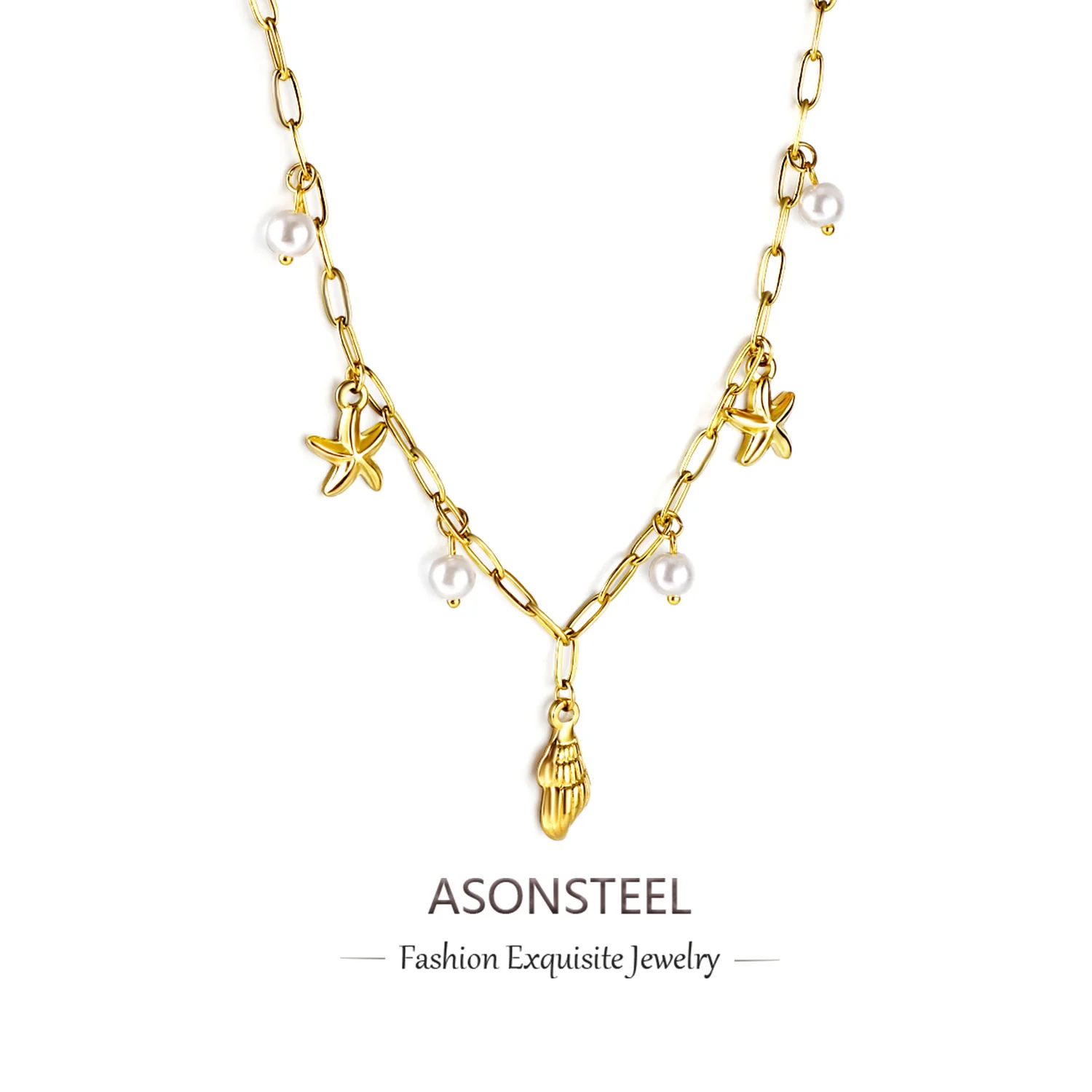 ASONSTEEL Stainless Steel Blue Fishtail Shell Imitation Pearl Starfish Accessories Pendant Necklace Beach Girl Aesthetic Jewelry